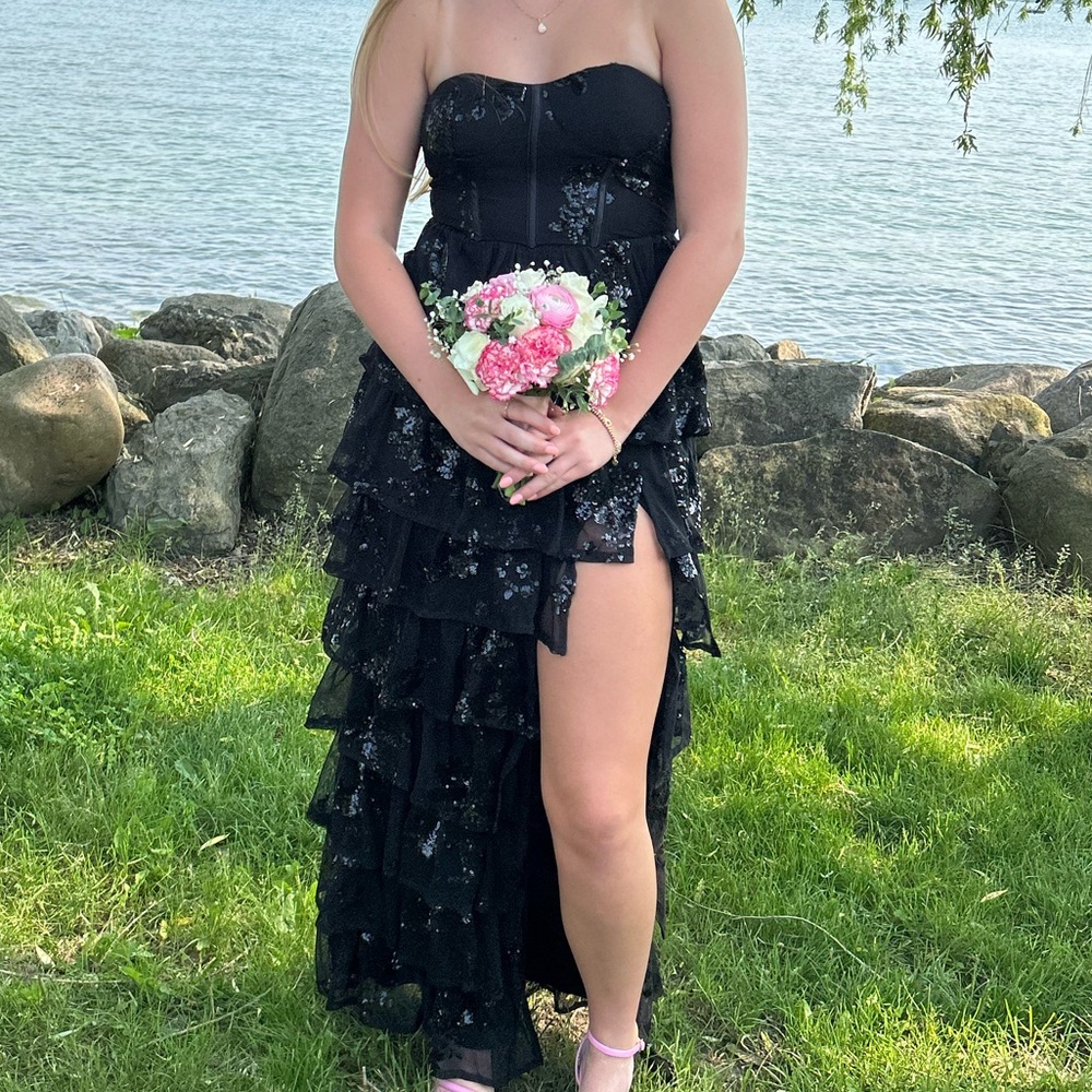 Black Strapless Sequin Tiered Prom Dress